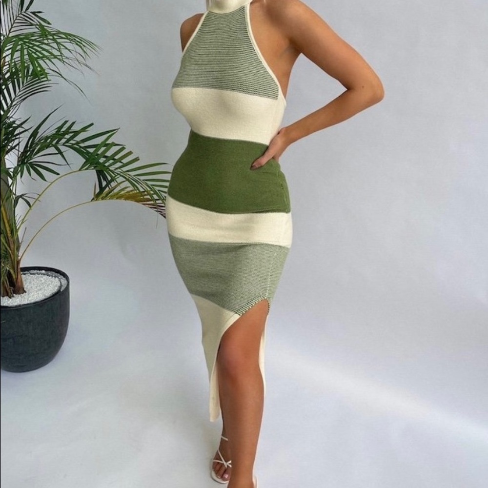 Unworn, Green Stripe Thigh Split Halter Neck Midi Dress in good conditions
